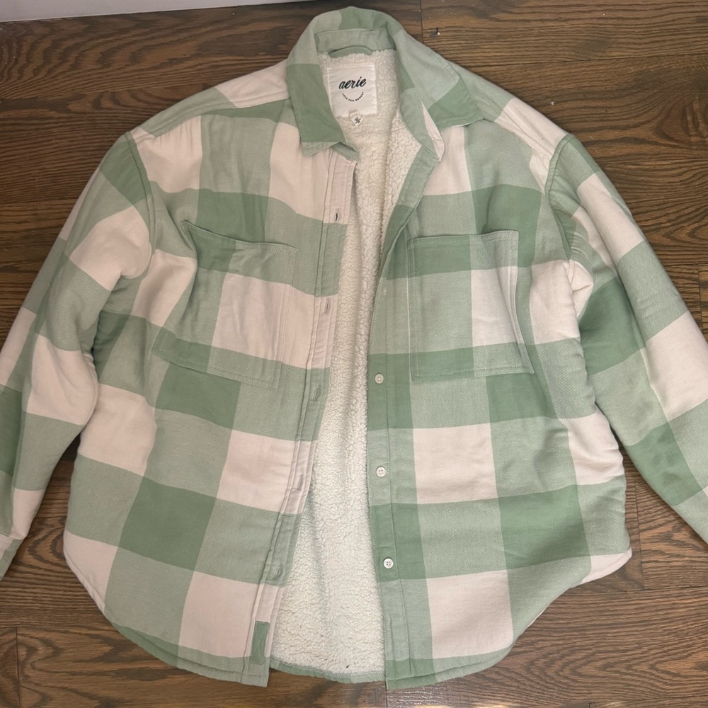Aerie Green and Cream Plaid Teddy Jacket